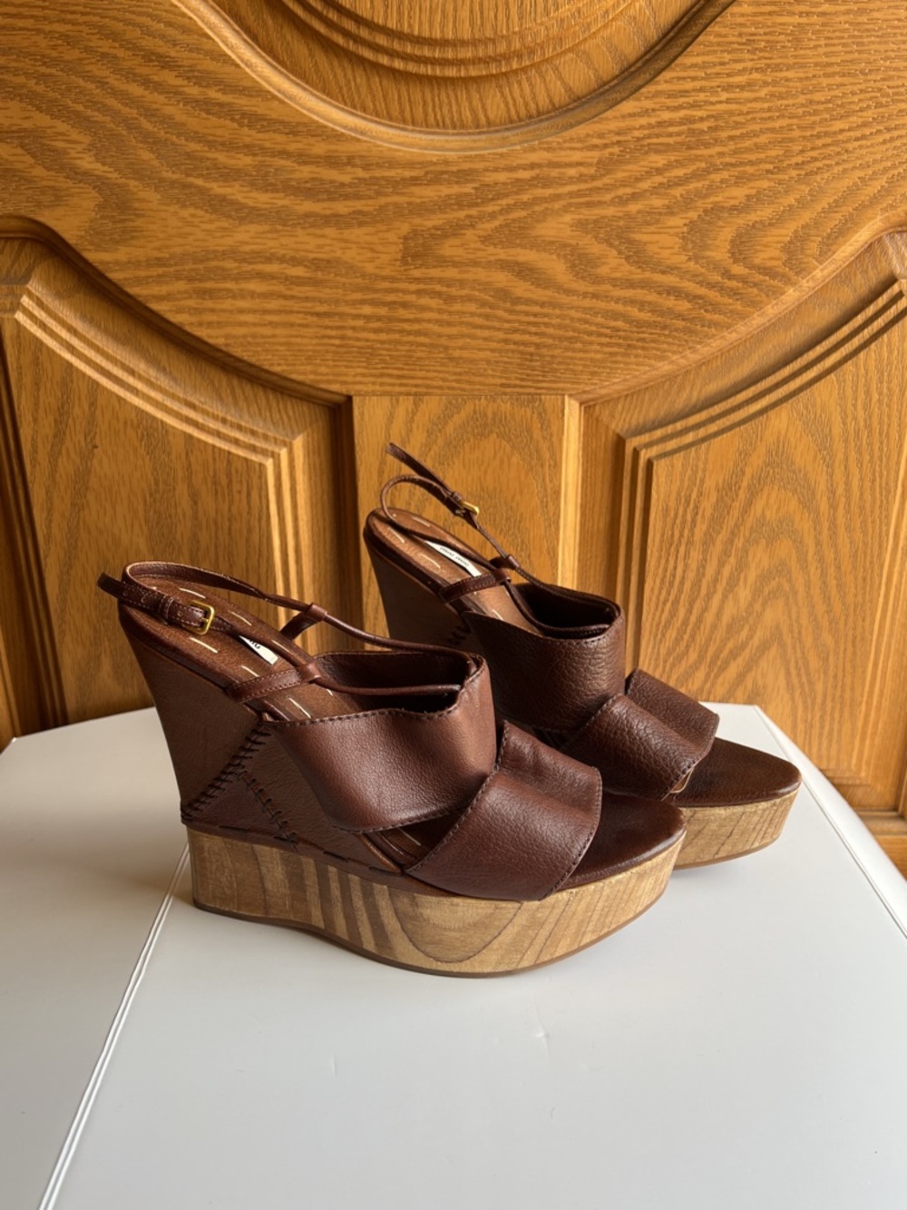 Miu Miu Patchwork Leather Wedge Sandals – Wooden Platform, Topstitch Detail